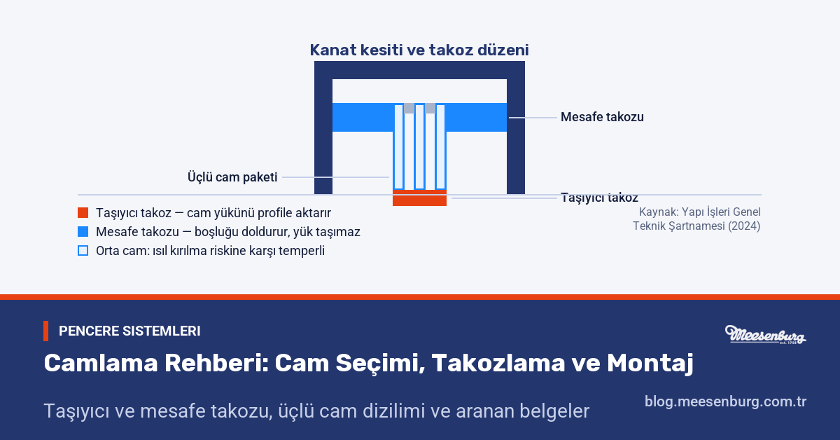 Pencere kanadının kesiti: cam yuvasına yerleştirilmiş üçlü cam paketi, altındaki taşıyıcı takoz ve yanlardaki mesafe takozlarını gösteren teknik çizim