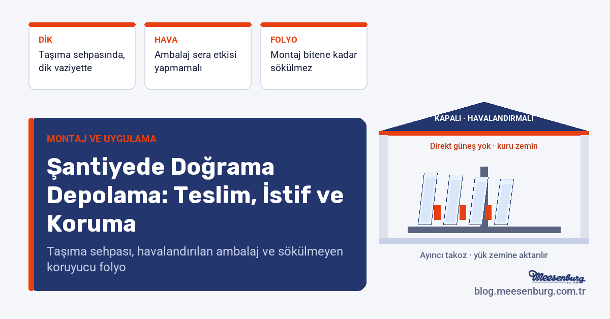 Kapalı ve havalandırmalı şantiye stok alanında taşıma sehpası üzerinde dik istiflenmiş doğramalar ve aralarındaki ayırıcı takozlar