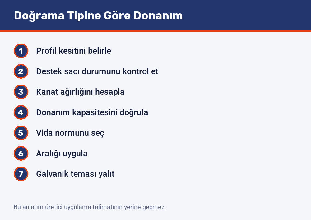 Doğrama tipine göre donanım kararının yedi adımı: profil kesitinin belirlenmesinden galvanik temasın yalıtılmasına kadar sıra