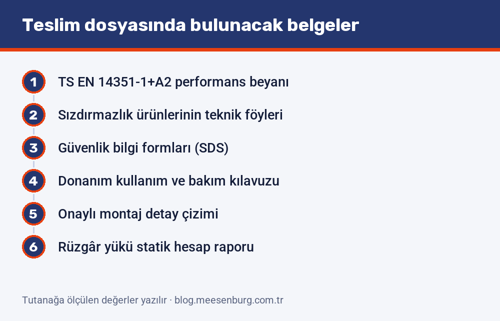 Teslim dosyasında bulunması gereken belgeler: performans beyanı, teknik föyler, güvenlik bilgi formları, bakım kılavuzu, onaylı detay çizimi ve statik hesap raporu
