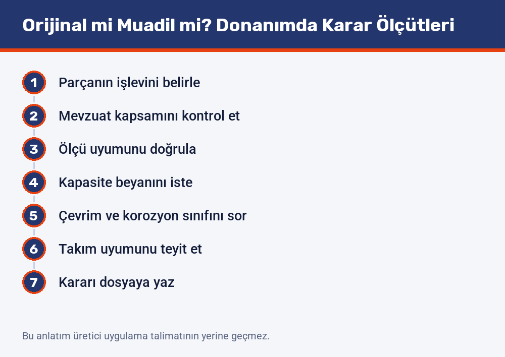 Muadil donanım kararının yedi adımı: parçanın işlevinin belirlenmesinden kararın dosyaya yazılmasına kadar sıra