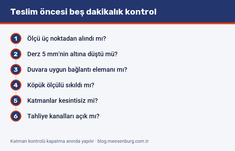 Teslim öncesi beş dakikalık kontrol listesi: ölçünün üç noktadan alınmasından derz genişliğine, köpük miktarından tahliye kanallarına