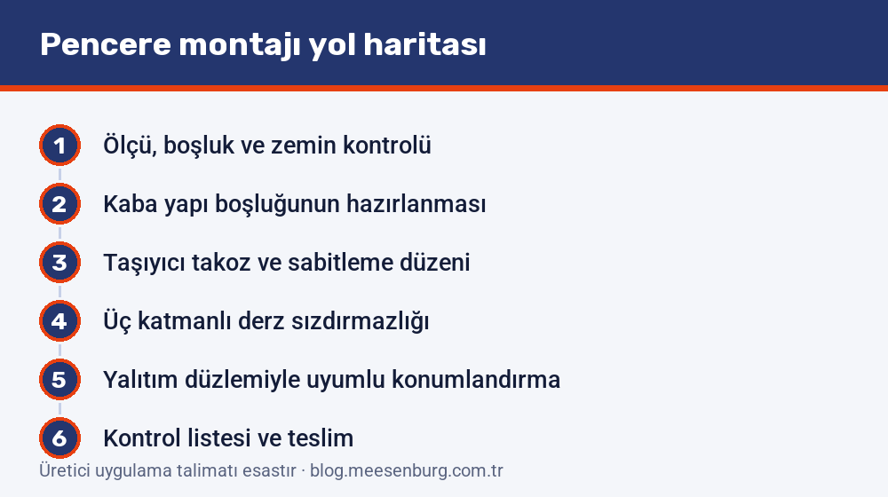 Pencere montajı yol haritası: ölçü ve boşluk kontrolünden sabitlemeye, üç katmanlı derz sızdırmazlığından teslim kontrolüne uzanan altı adım