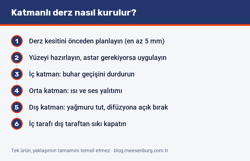 Katmanlı montaj derzinin kurulma sırası: derz kesitinin planlanmasından yüzey hazırlığına, iç, orta ve dış katmanların uygulanmasına altı adım