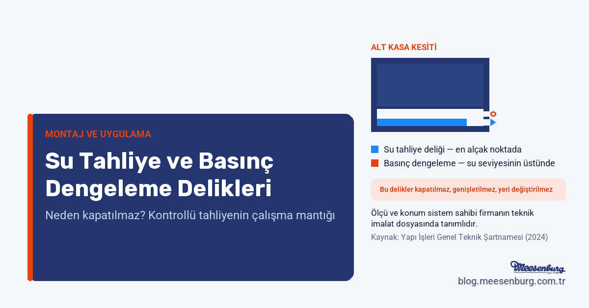 Alt kasa profilinin kesiti: su kanalı, en alçak noktadaki su tahliye deliği ve su seviyesinin üstündeki basınç dengeleme deliği