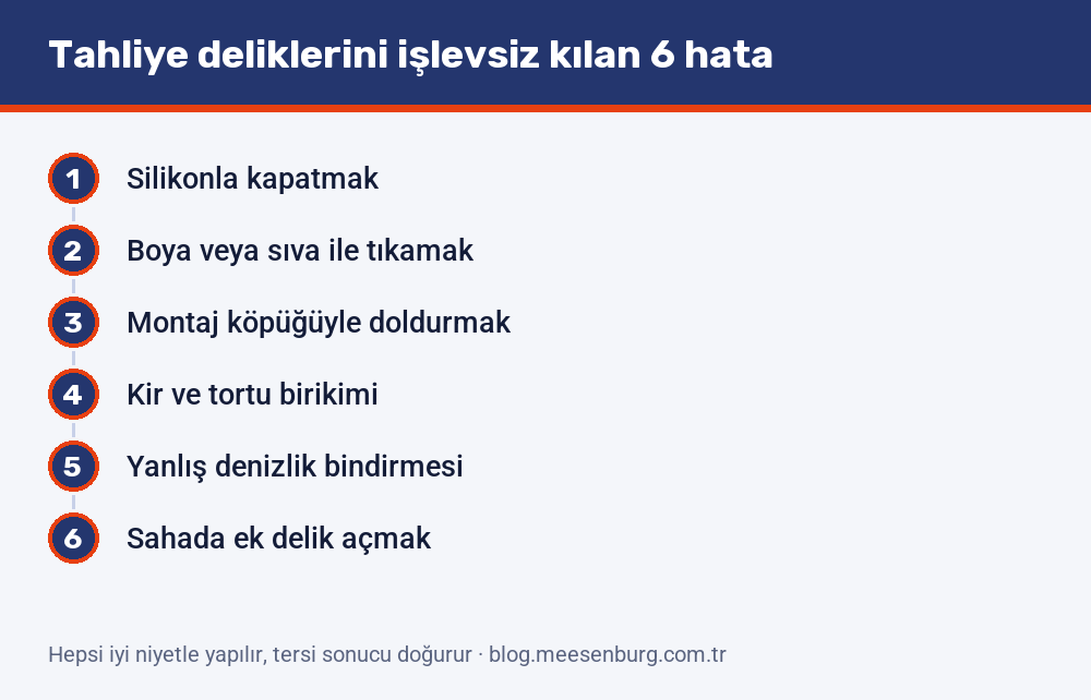 Su tahliye deliklerini işlevsiz kılan altı hata: silikonla kapatmaktan boya ve sıvayla tıkamaya, köpükle doldurmaktan sahada ek delik açmaya